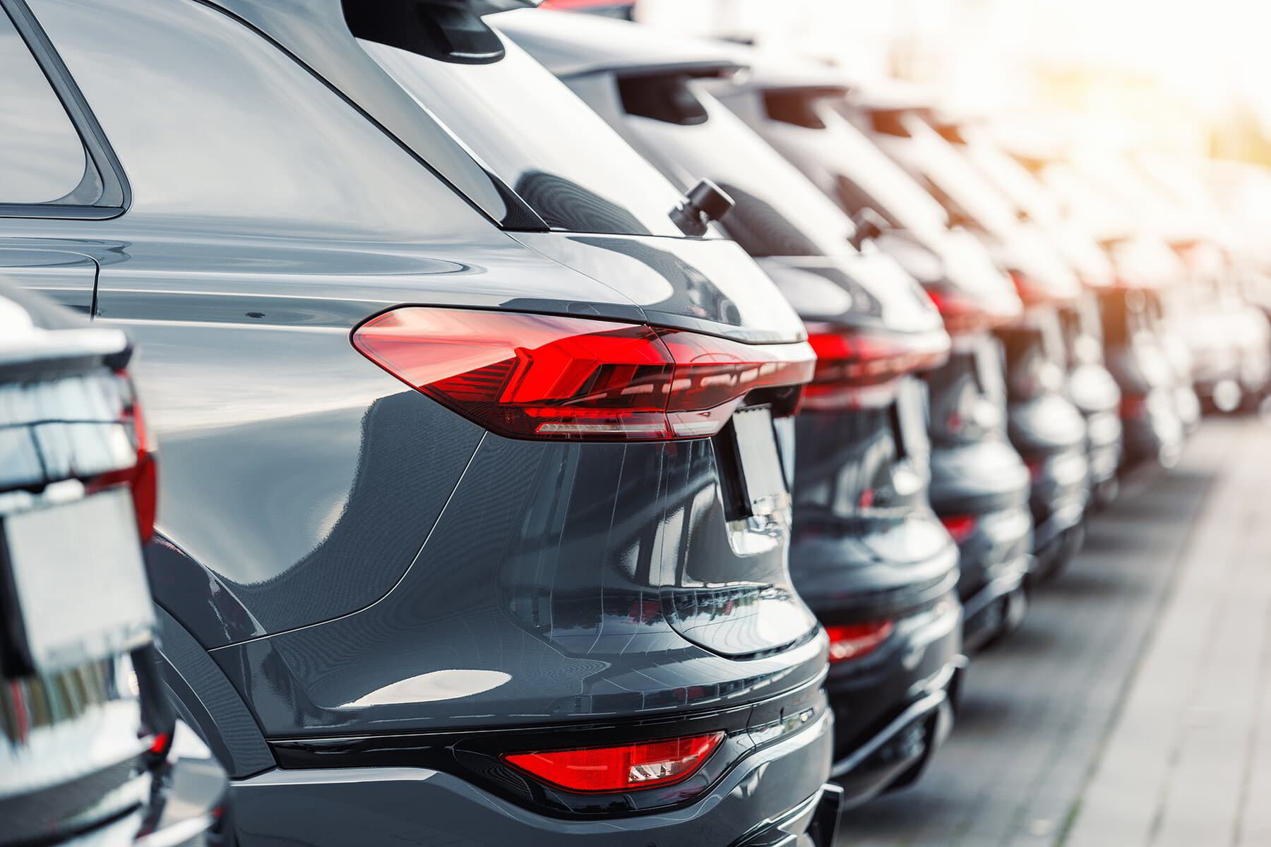 A row of freshly washed fleet SUVs parked side by side