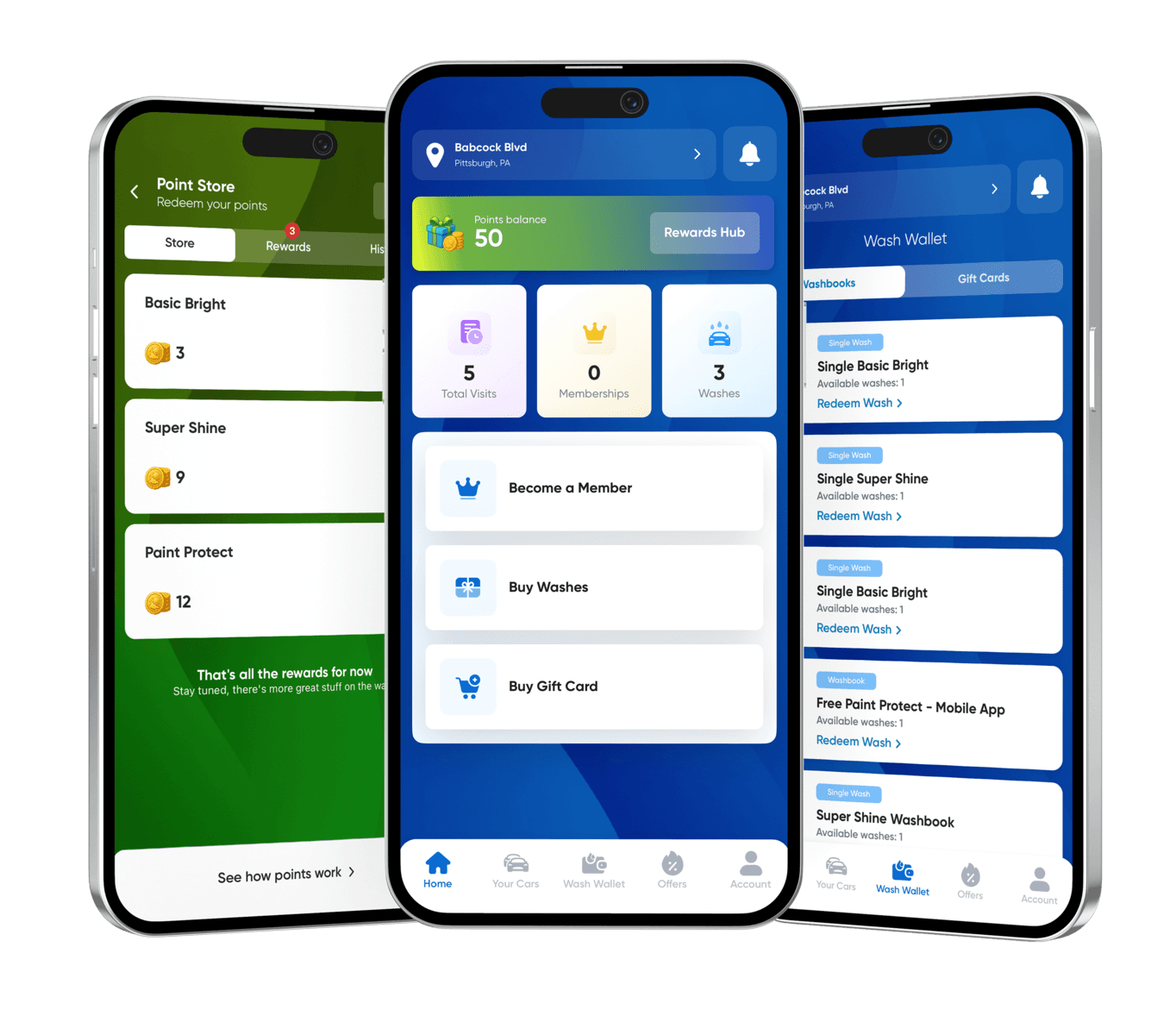 Mr. Magic Rewards app screens: Point Store, Rewards Hub home and Wash Wallet