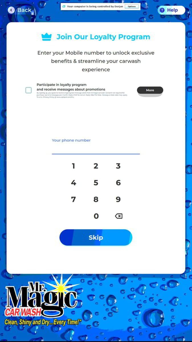 Mr. Magic loyalty sign-up screen on the pay kiosk