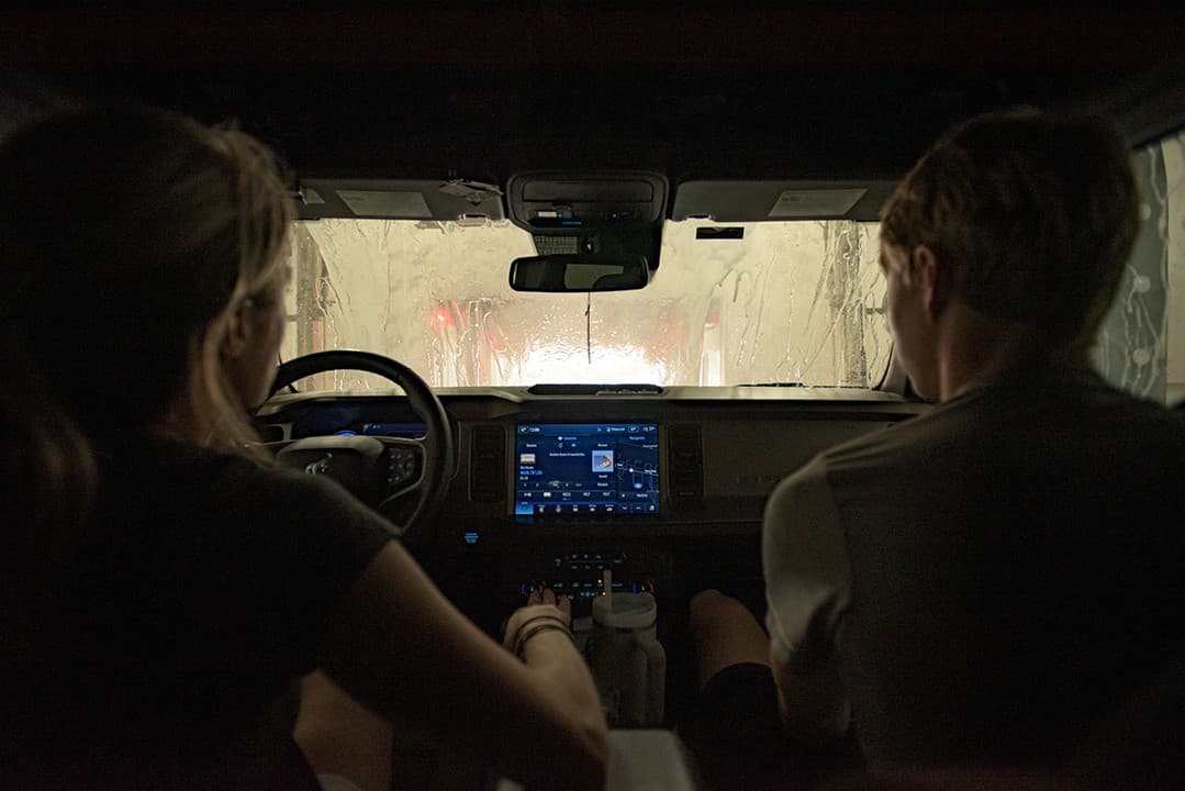 View from the driver's seat rolling through the wash tunnel